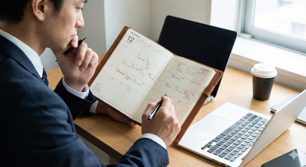 スケジュール帳を確認する様子