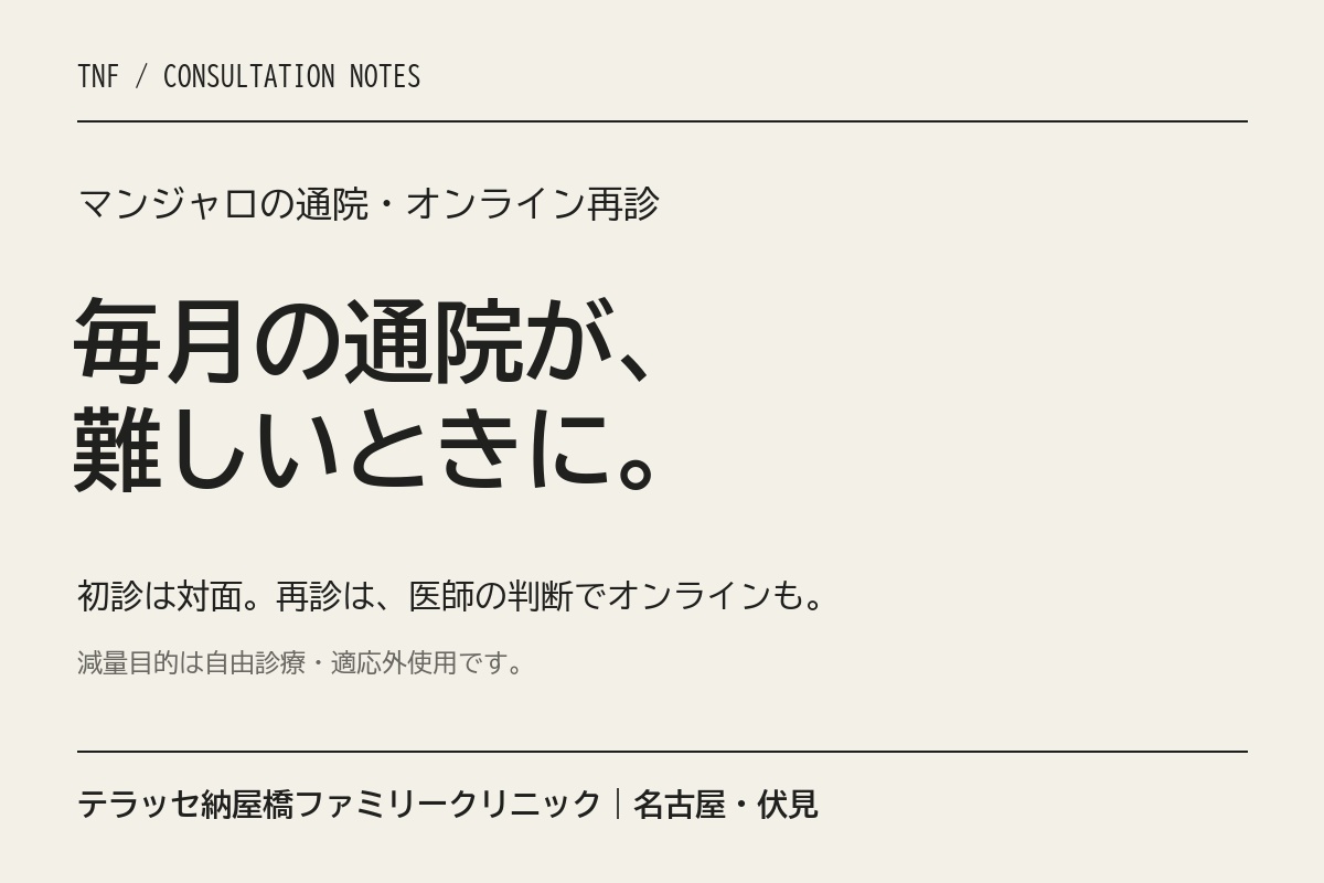 マンジャロの通院・オンライン再診。初診は対面、再診は医師の判断でオンラインも