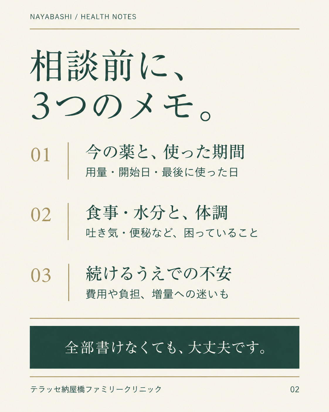 相談前の3つのメモ:薬と使用期間、食事・水分と体調、続けるうえでの不安