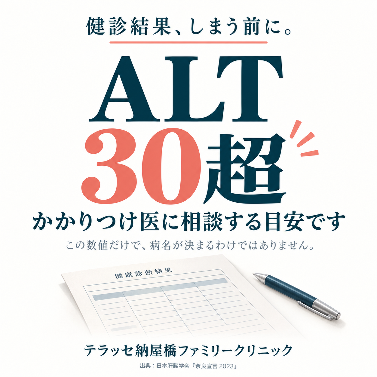 健診のALTが30を超えたら、かかりつけ医に相談する目安です。数値だけで病名が決まるわけではありません。日本肝臓学会の奈良宣言2023より。