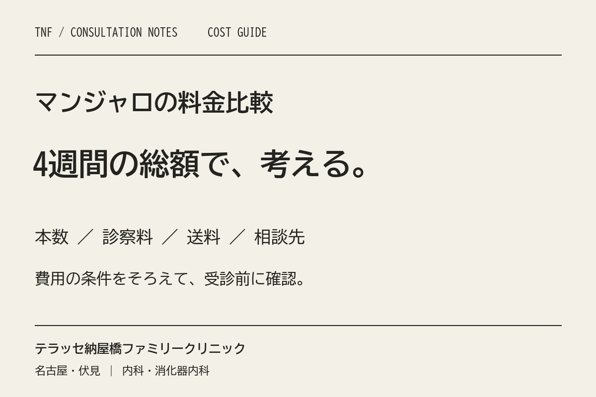マンジャロの料金比較は4週間の総額で。診察料・送料・相談先を確認。